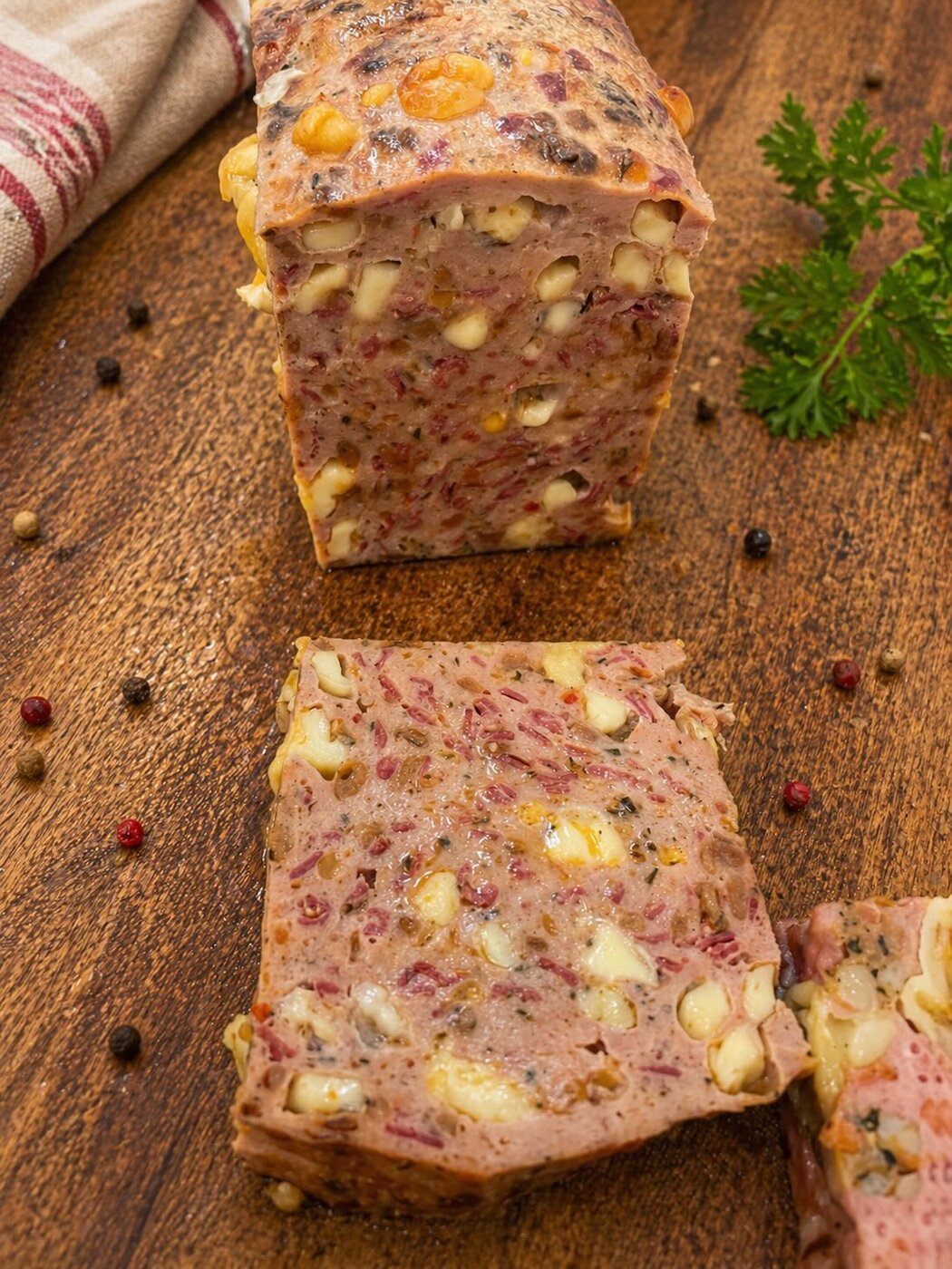 Frisch aufgeschnittener Fleischkäse der Fleischkäseguerillas auf einem Holzbrett