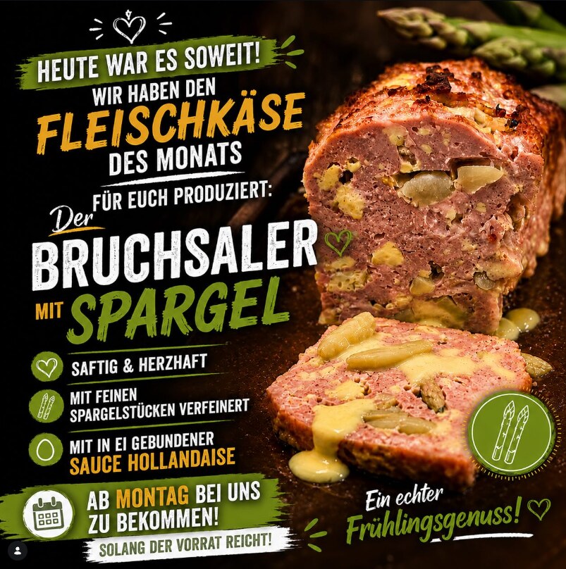 Werbeplakat: Fleischkäse des Monats mit Bruchsaler Spargel und Sauce Hollandaise