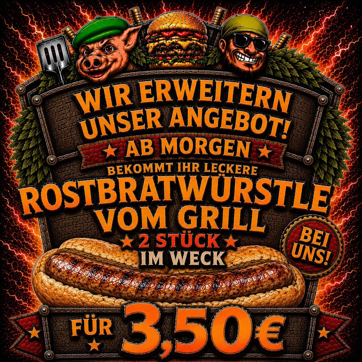 Werbeplakat: Rostbratwürstle vom Grill, 2 Stück im Weck