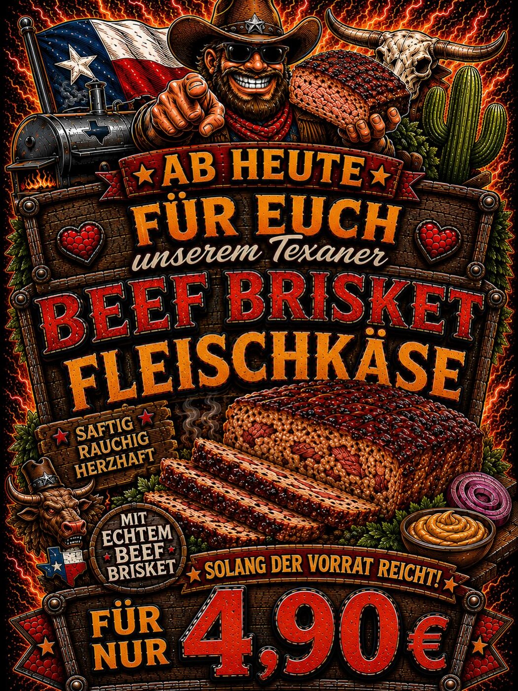 Werbeplakat: Texaner Beef Brisket Fleischkäse